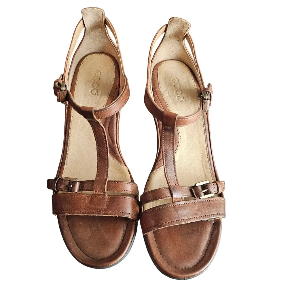 Ecco Women's Sculptured 65 Bar T-Straps Brown Leather Sandals Size 8.5 EU 39